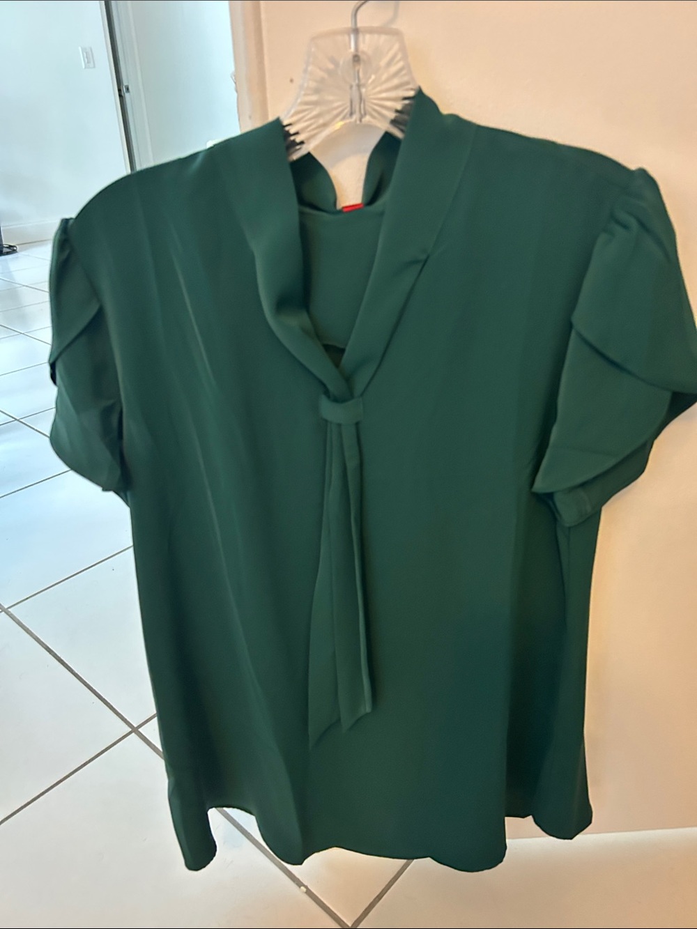 Anymiss Green Tie-Neck Short Sleeve Blouse - Women's Top